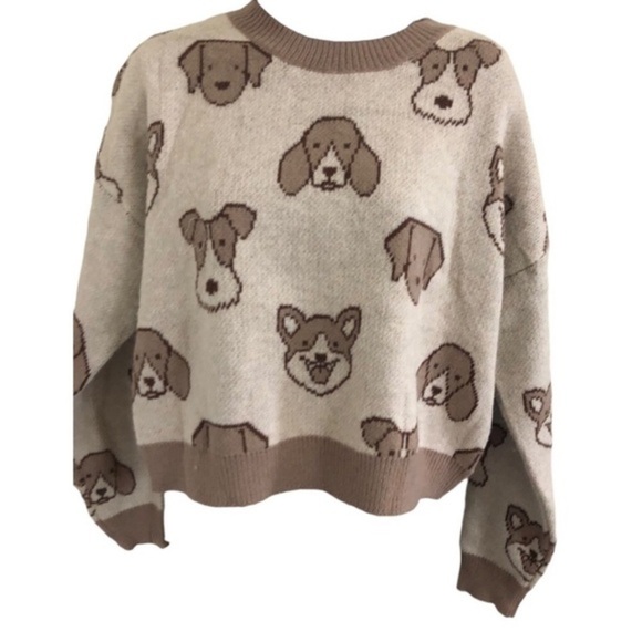 Beige cream brown adorable puppy dog face print long sleeve sweater‎ size medium - Picture 16 of 16